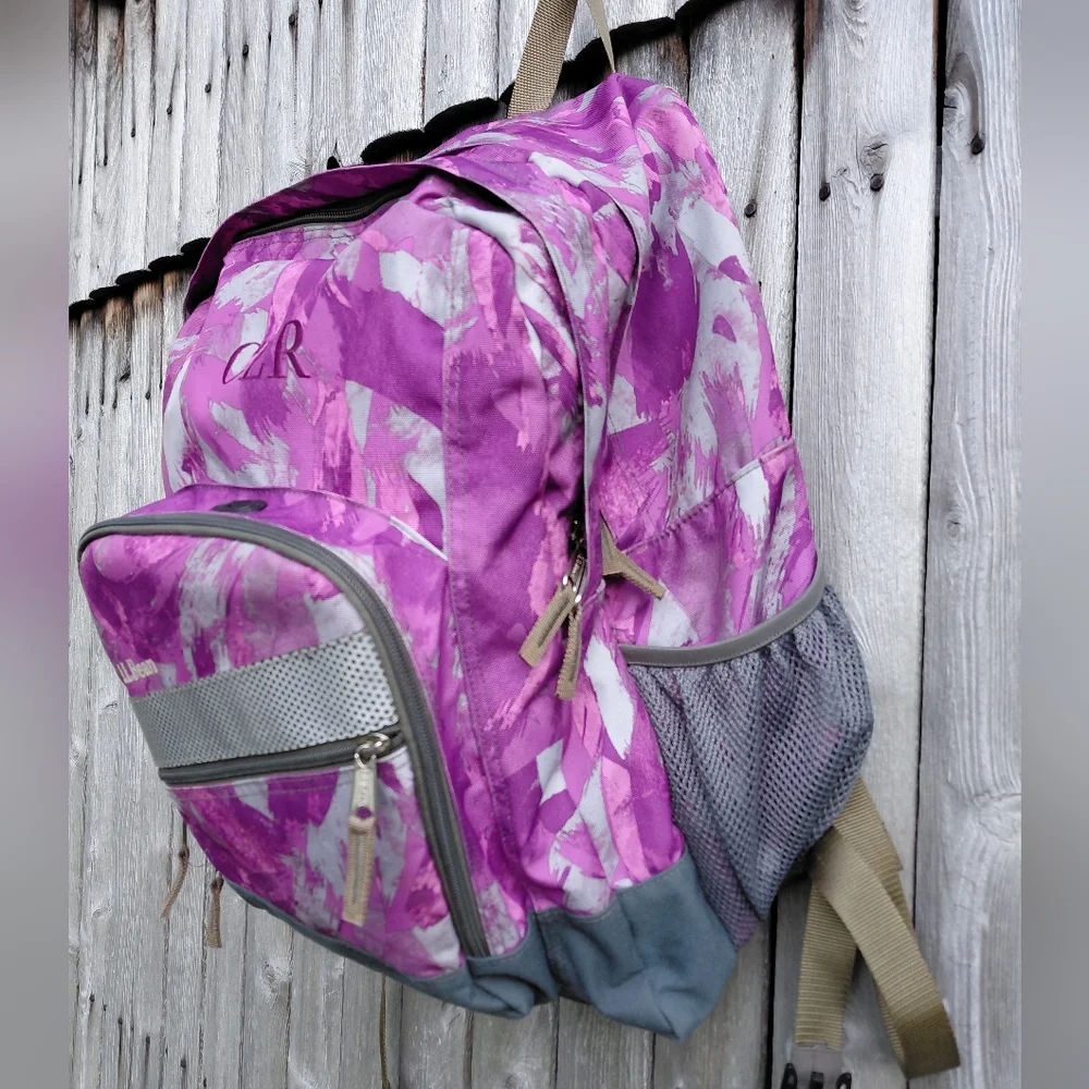 LL Bean black raspberry gray & magenta multi pocket nylon hiking school backpack